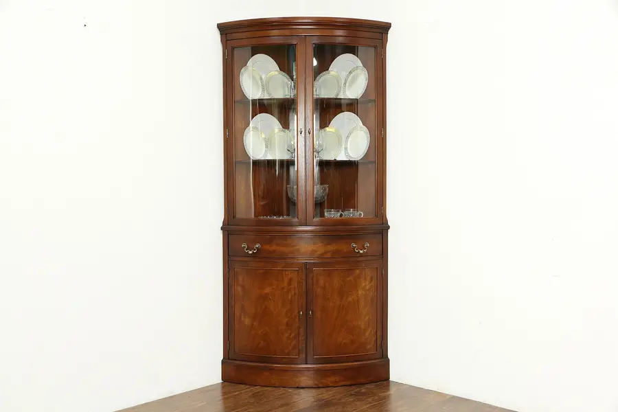 Photo of Traditional Mahogany Curved Glass Vintage Corner Cabinet, Landstrom