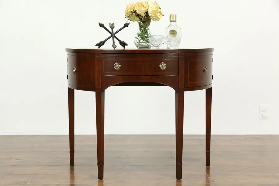 Photo of Demilune Half Round Vintage Banded Mahogany Hall Console Cabinet