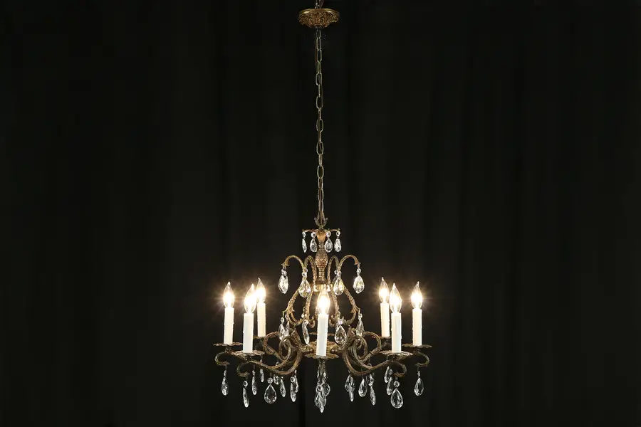 Photo of Crystal & Patinated Brass 8 Candle Vintage Chandelier