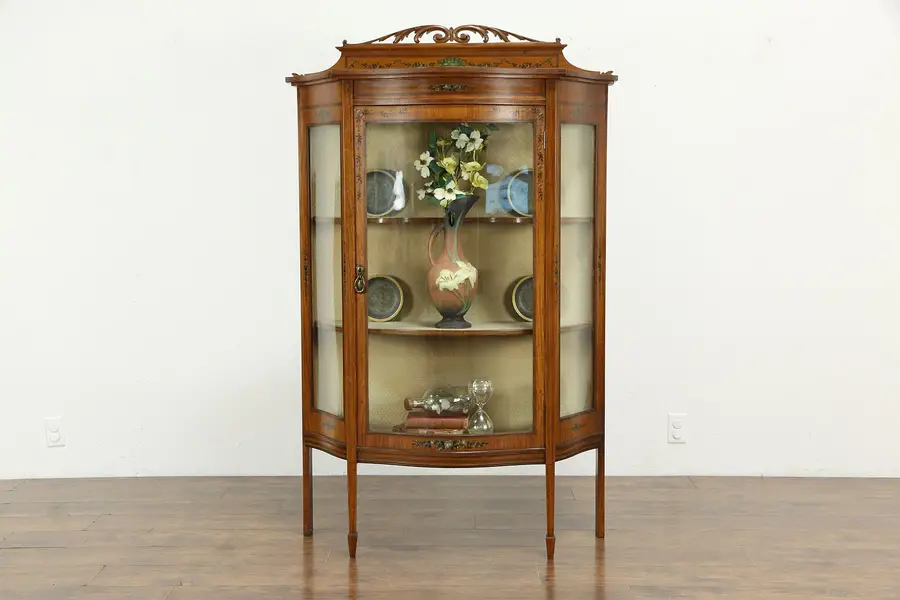 Photo of English Antique Edwardian Satinwood Curved Glass Curio or China Cabinet