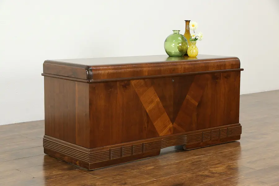 Photo of Art Deco Waterfall Vitnage Walnut & Mahogany Cedar Chest Cavalier