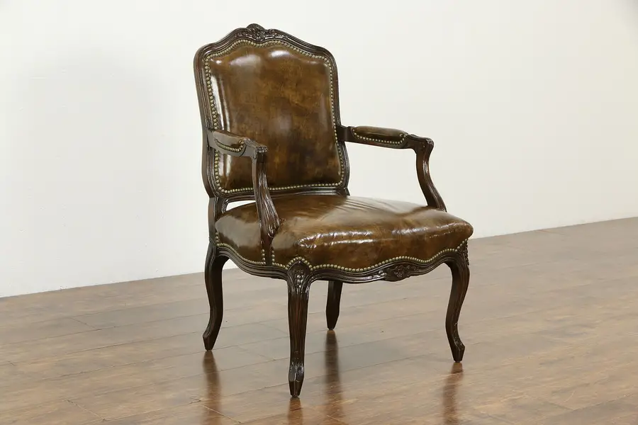 Photo of Carved Vintage French Style Fruitwood Chair, Leather & Brass Nailheads