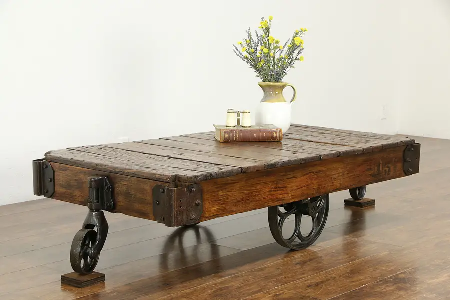 Photo of Industrial Salvage Antique Oak & Iron Railroad Cart, Coffee Table