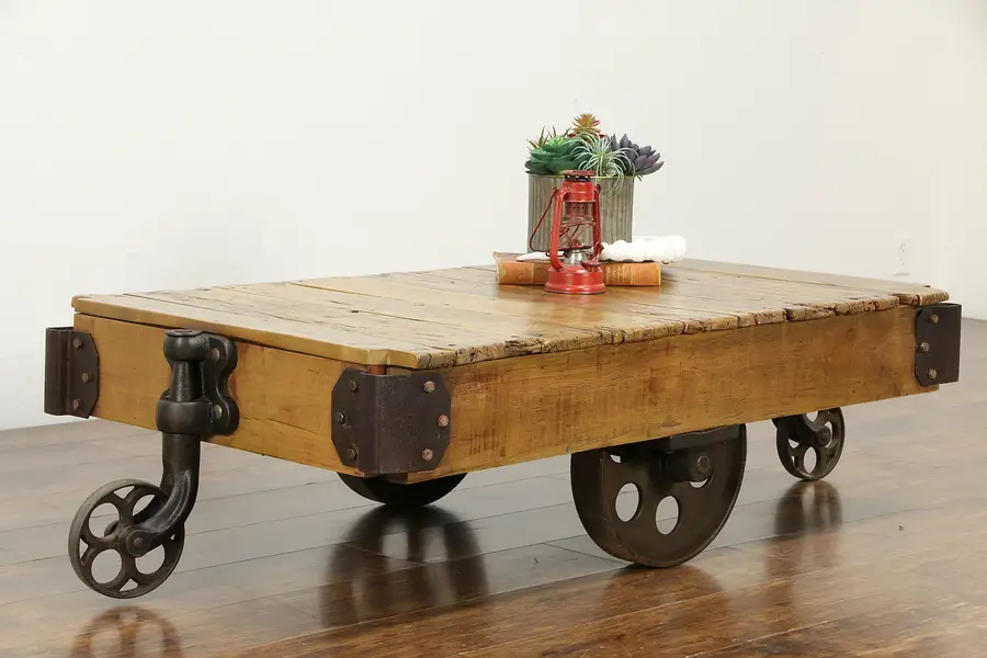 Photo of Industrial Salvage Antique Factory Cart, Iron Wheels, Coffee Table