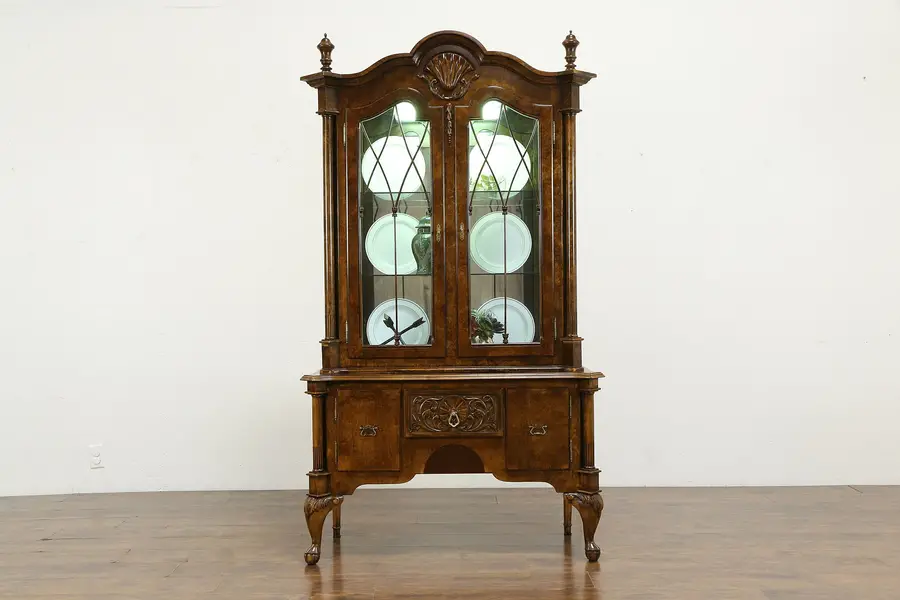 Photo of Renaissance Style Lighted China Curio Cabinet, Grained Burl, Romania