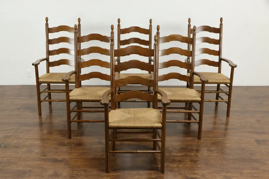 Photo of Set of 6 Vintage Cherry Ladderback Farmhouse Arm Chairs, Rush Seats