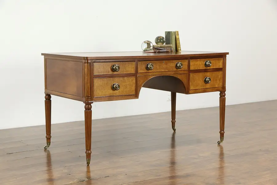 Photo of Walnut Vintage Office or Library Desk, Gold Tooled Leather, Kittinger