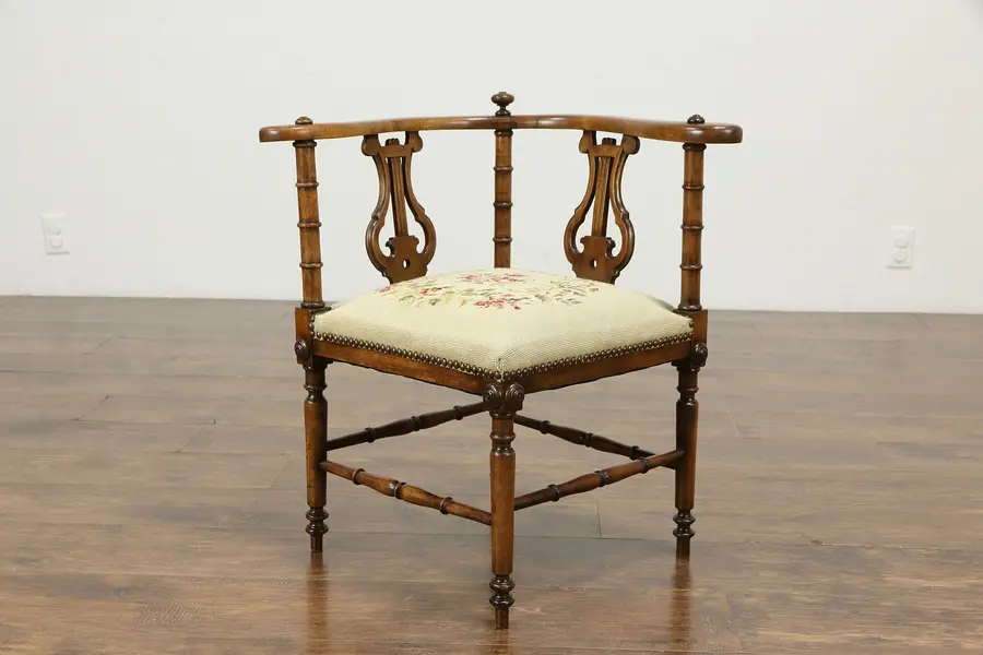 Photo of Victorian Antique 1900 Mahogany Corner Chair, Needlepoint & Petit Point