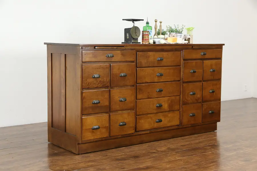 Photo of Farmhouse Antique Kitchen Pantry 19 Drawer Maple Island Cabinet, Counter