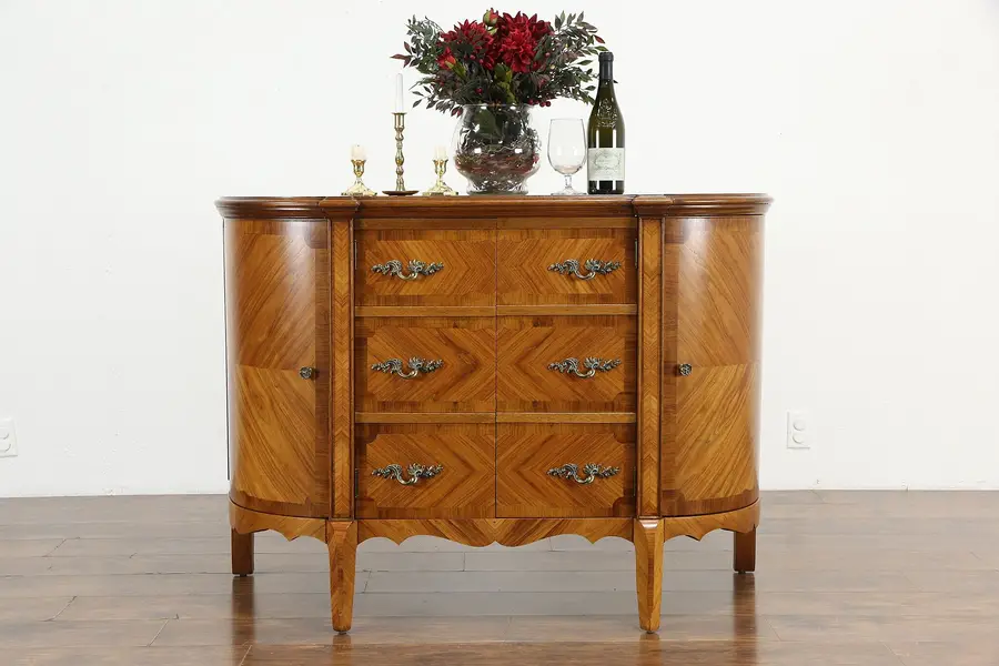 Photo of Tulipwood & Rosewood Vintage Carved Demilune Server, Sideboard or Console