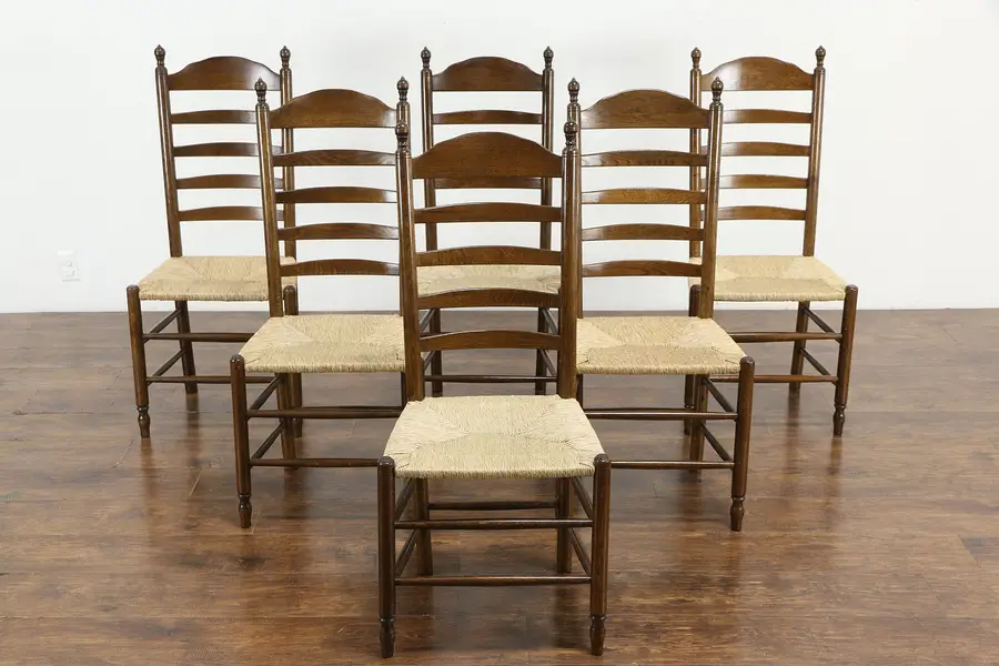 Photo of Set of 6 Farmhouse Oak Rush Seat Vintage Ladder Back Dining Chairs