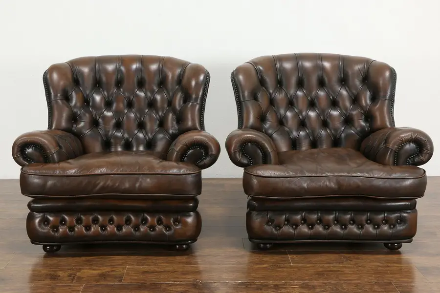 Photo of Pair Vintage Scandinavian Tufted Leather Chesterfield Style Wing Chairs