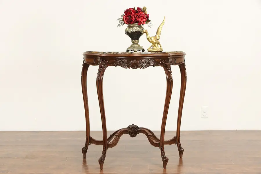 Photo of Carved Walnut Antique French Hall Console Table, Marble Top
