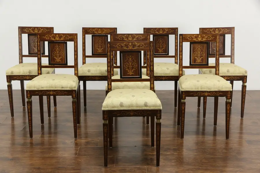 Photo of Set of 8 Rosewood Marquetry Antique Italian Dining Chairs, New Upholstery