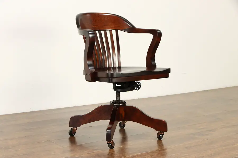 Photo of Vintage Swivel Adjustable Birch Office or Library Desk Chair, Milwaukee