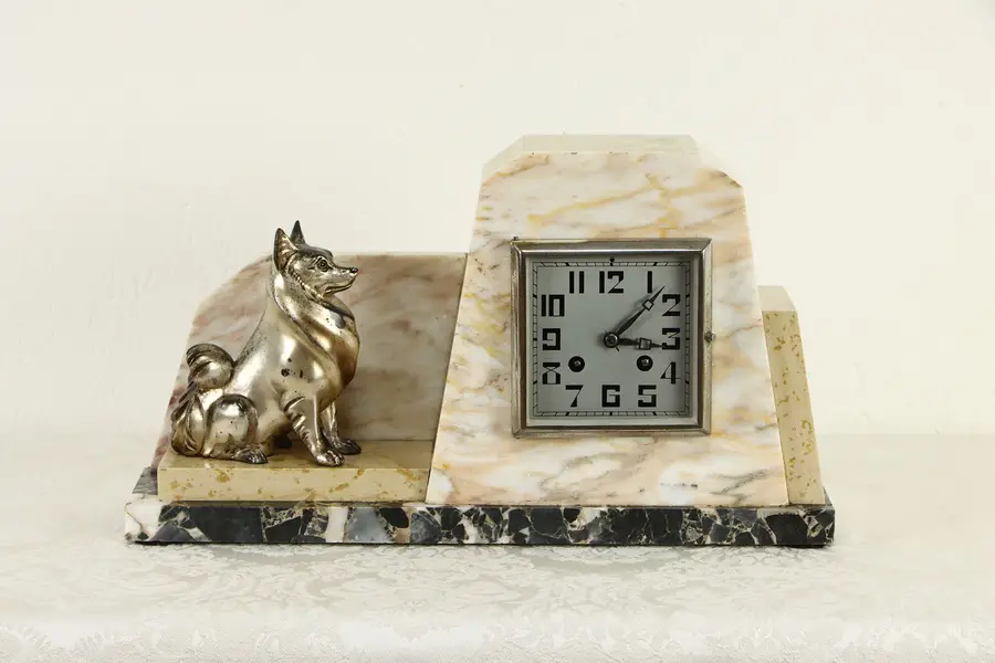 Photo of Art Deco French Antique 3 Color Marble Clock with Dog Statue, F. Marti