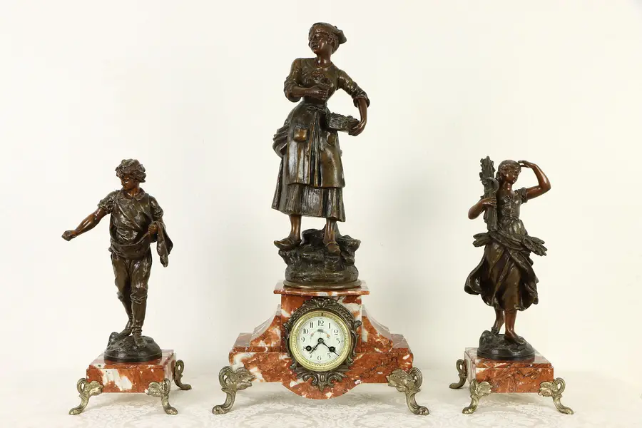 Photo of French Antique Red Marble 3 Pc Mantel Clock Set with Statues, Marti