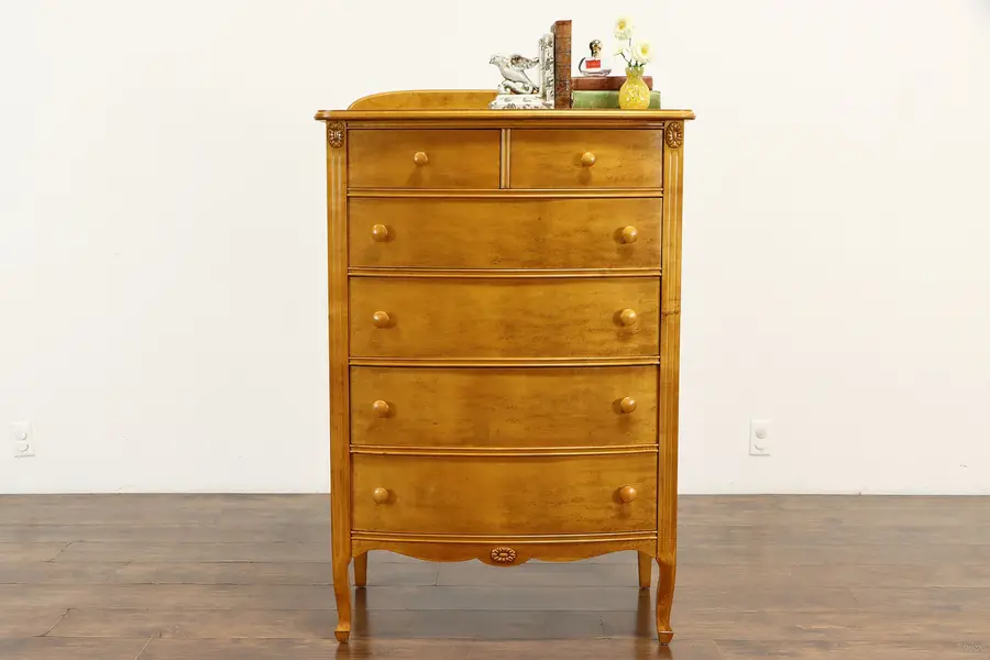 Photo of Birdseye Curly Maple Antique Highboy Tall Chest, Banderob Chase