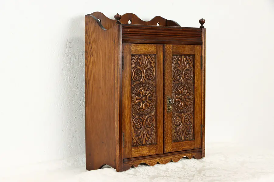 Photo of Oak Antique Wall or Tabletop Humidor Pipe Cabinet, Jewelry Medicine Chest