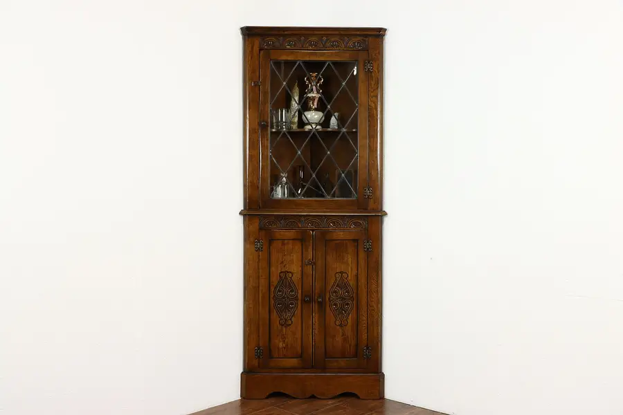 Photo of English Oak Antique Corner Cupboard or Cabinet, Leaded Glass, Reprodux