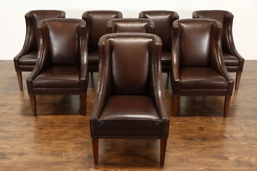 Photo of Set of 8 Vintage Farmhouse Leather Dining Chairs, Nailheads, Vanguard