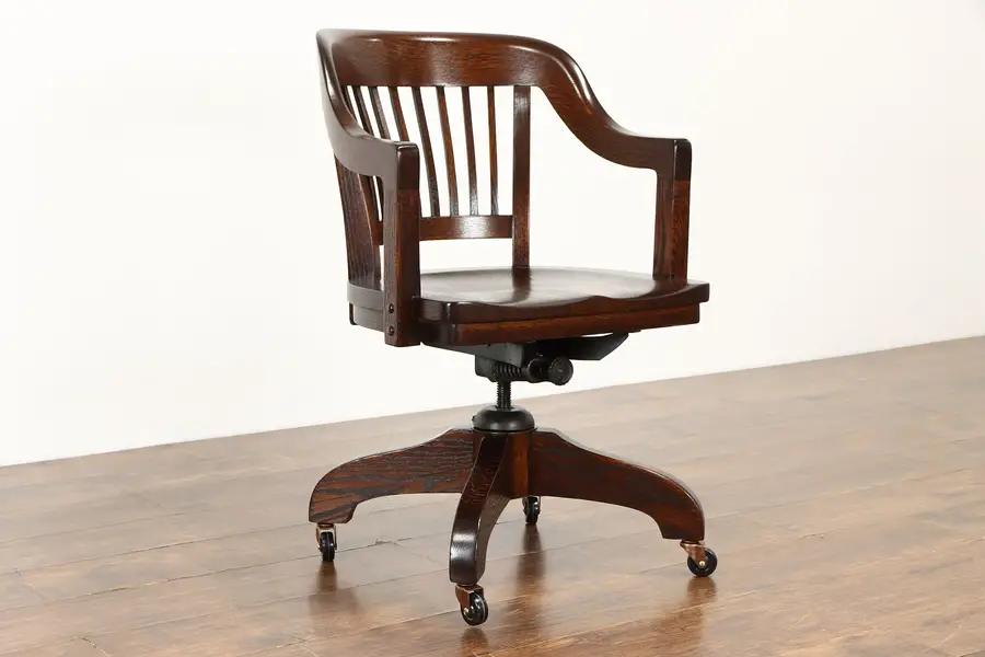 Photo of Oak Quarter Sawn Antique Swivel Adjustable Office or Library Desk Chair