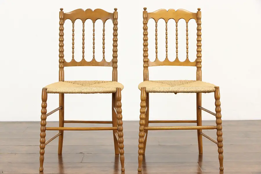 Photo of Victorian Pair of New York Carved Maple Farmhouse Rush Seat Chairs