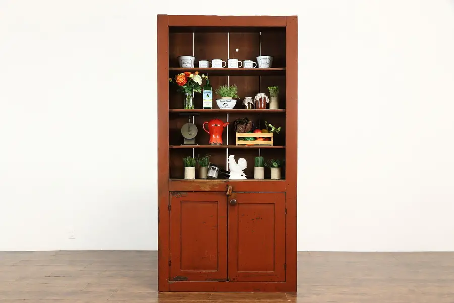 Photo of Farmhouse Country Pine Antique Cupboard, Cabinet, Bookcase, Red Paint