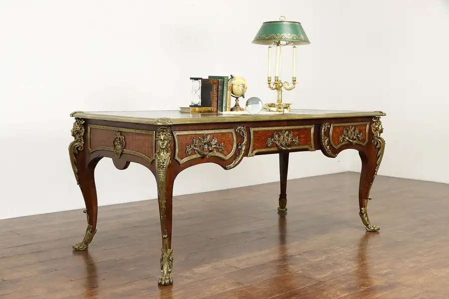 Photo of French Louis XIV Antique Bureau Plat Library Desk, Marquetry & Bronze