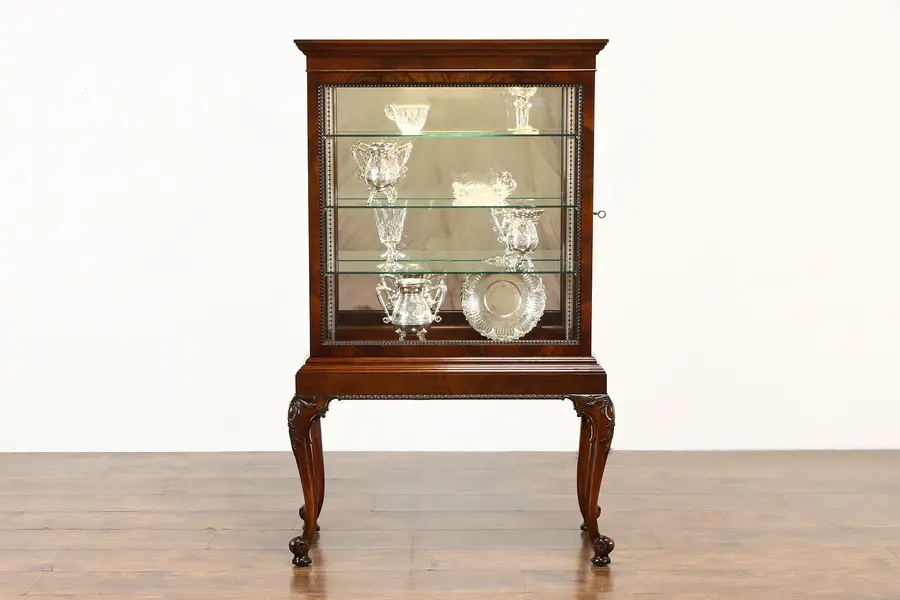 Photo of Mahogany Vintage Collector Cabinet, Curio Display, Vitrine, Lighted, Lock