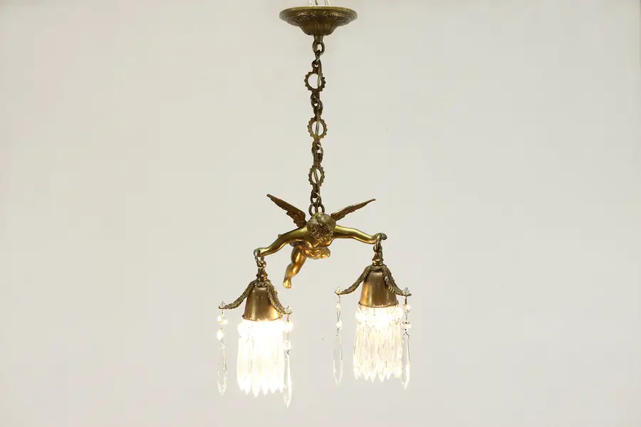 Photo of Flying Cherub or Angel Vintage Brass Chandelier, Crystal Prisms
