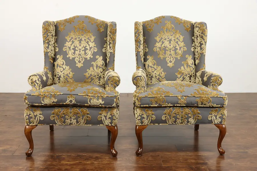Photo of Pair of Vintage Wing Back Chairs, Mahogany Feet, Cut Velvet Upholstery