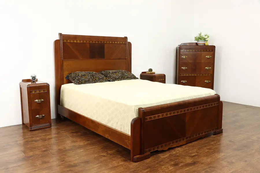 Photo of Art Deco Waterfall Vintage 4 Pc Walnut Bedroom Set, Queen Size Bed