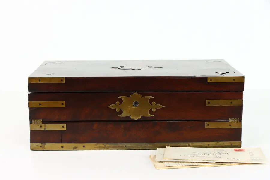Photo of English Victorian Mahogany Antique Portable Travel Lap Desk, Brass Inlay