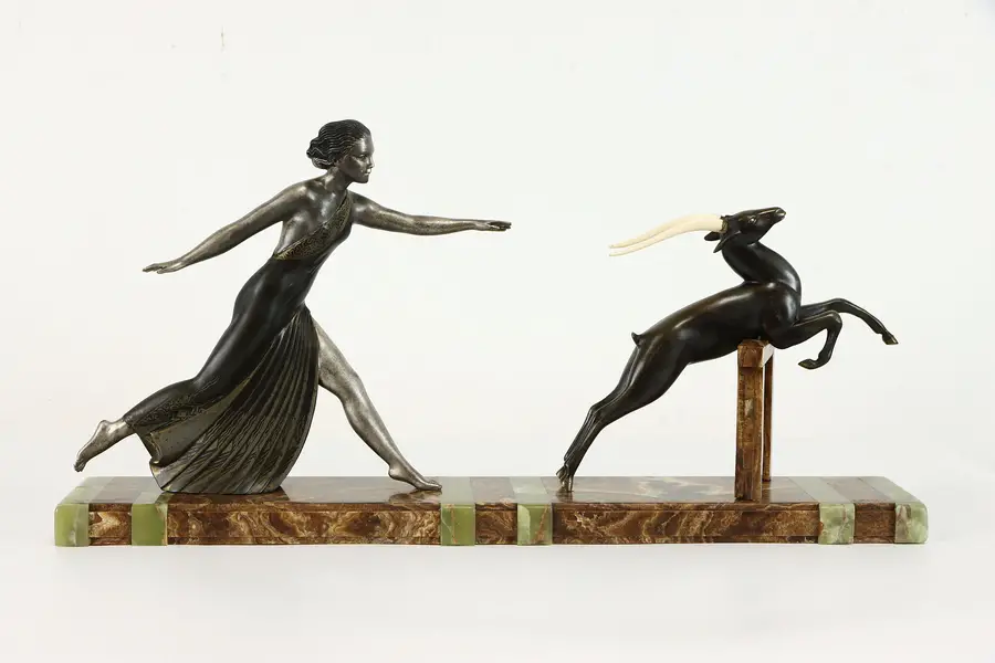 Photo of Art Deco Antique French Sculpture Woman & Antelope, Onyx Base, Campbell