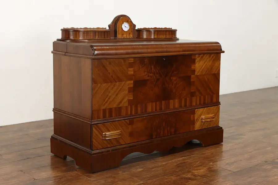 Photo of Art Deco Waterfall Vintage Walnut Cedar Blanket Chest, Quartz Clock