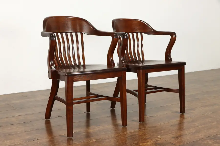 Photo of Pair Walnut Office Banker or Desk Chairs, Signed Milwaukee Chair Co.