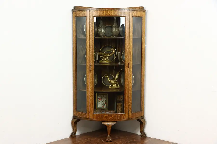 Photo of Oak Antique Curved Glass Corner Display Cabinet, Paw Feet