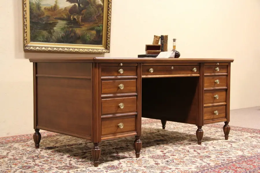 Photo of Walnut 1925 Antique Executive Desk, Bronze Pulls