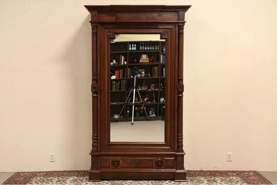 Photo of Walnut Antique 1870 Armoire, Mirror & Columns