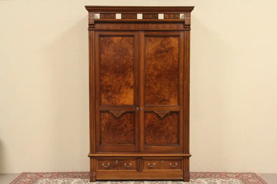 Photo of Eastlake Walnut Burl Antique 1885 Armoire Wardrobe