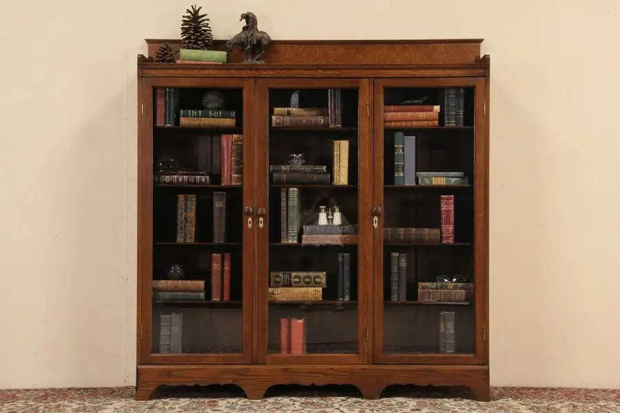 Photo of Triple 1900 Antique Oak Bookcase, 3 Glass Doors
