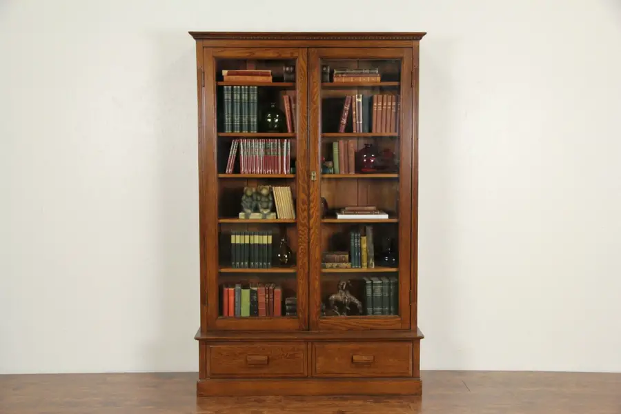 Photo of Oak Victorian 1895 Antique Bookcase, Original Wavy Glass Doors