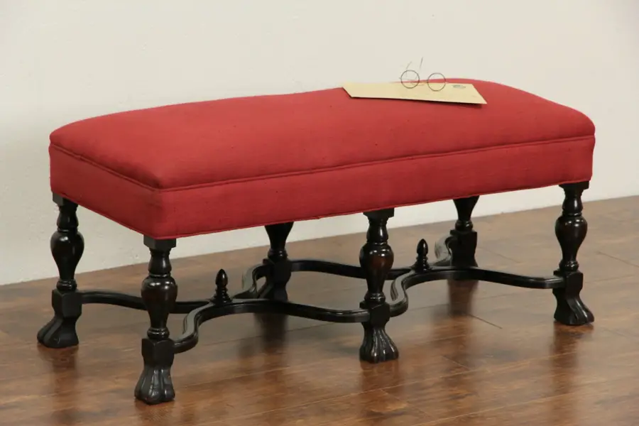 Photo of Jacobean Henry VIII Upholstered Carved 1920's Antique Bench