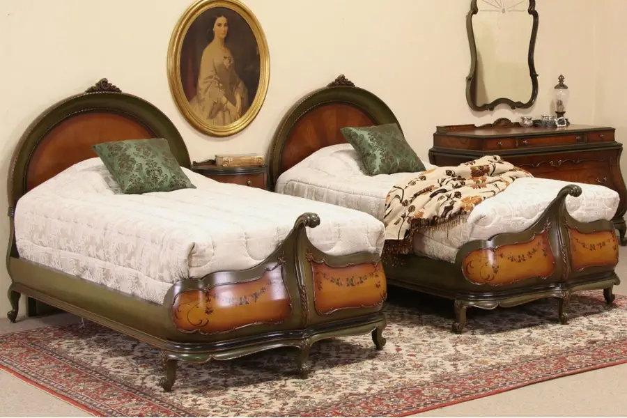 Photo of Venetian Gondola Style Pair of 1920's Antique Twin Beds, Hand Painted