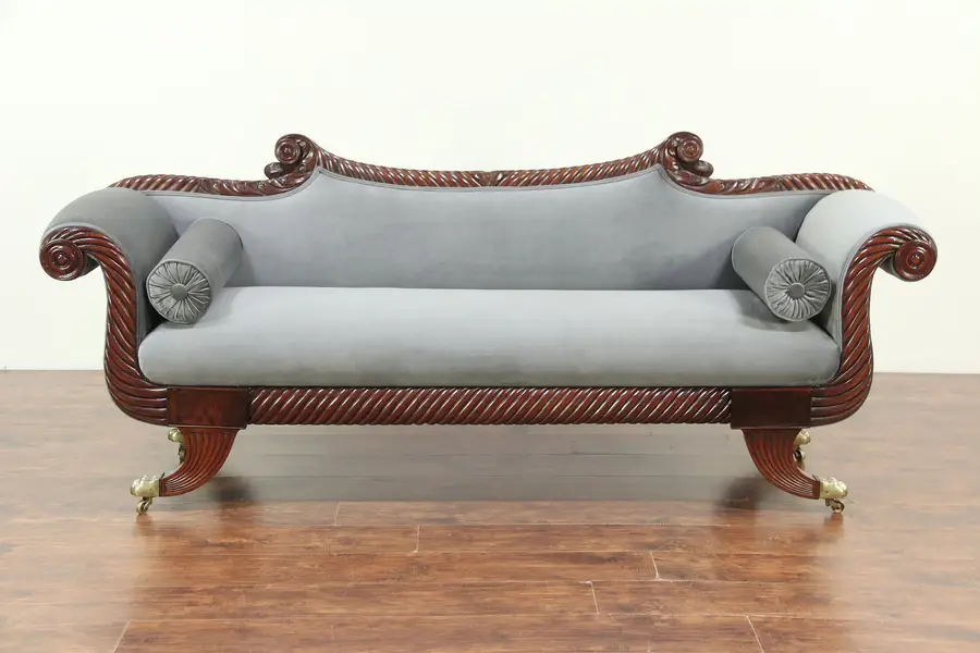Photo of Empire Antique 1830 Sofa, Rope Carved Mahogany, Recent Gray Velvet