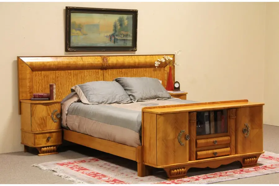 Photo of Art Deco Curly Birch Queen Bed, Nightstands