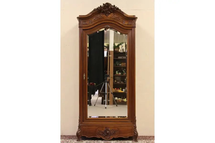 Photo of French Carved 1900 Antique Armoire, Beveled Mirror Door