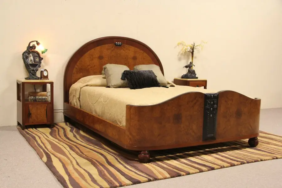 Photo of Italian Art Deco 1925 Bedroom Set, Queen Size Bed & 2 Nightstands