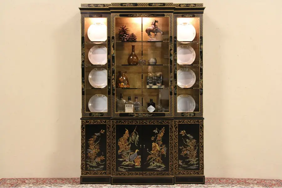 Photo of Drexel Black Lacquer Chinoiserie China Cabinet or Bookcase
